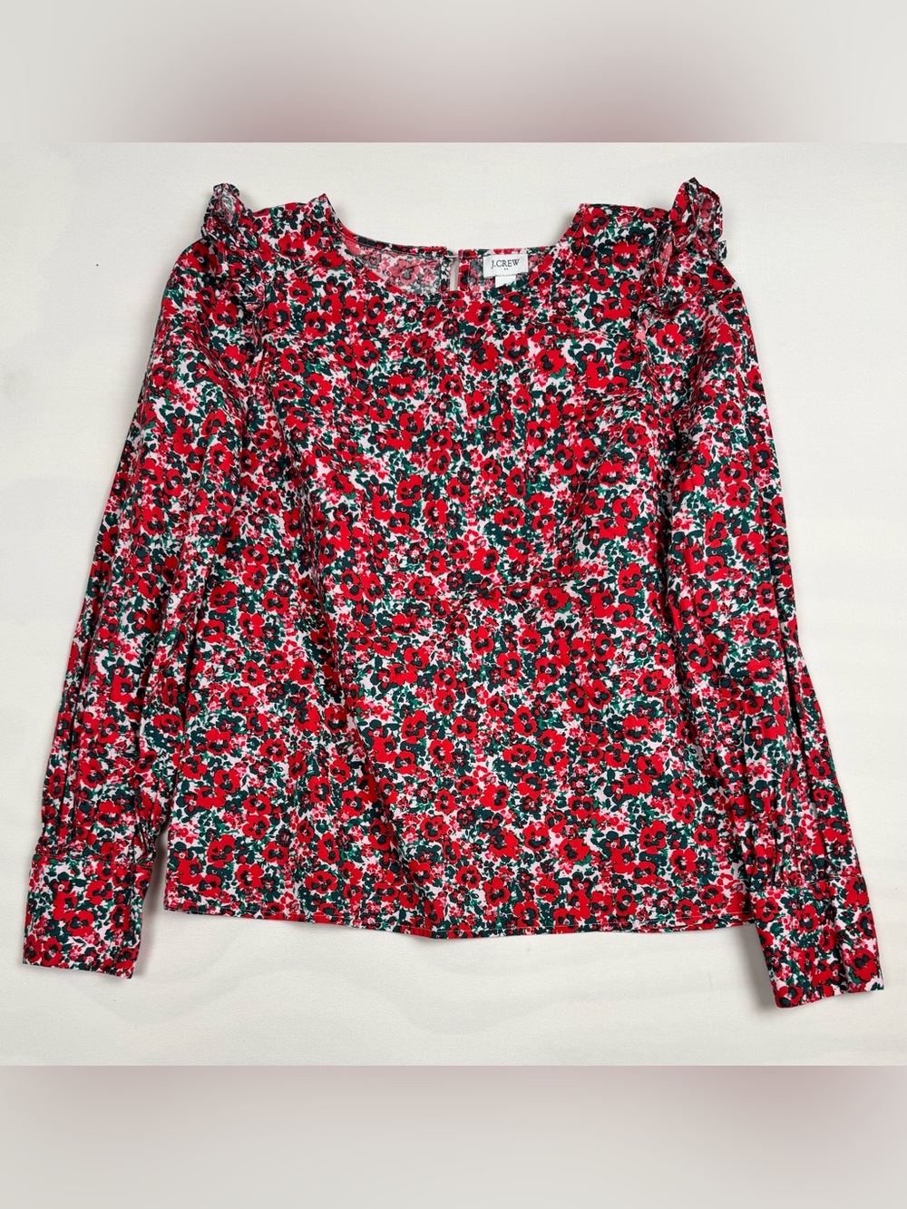 J.Crew Cotton-Blend Poplin Ruffle Top Red Floral Poppy Print Women’s S